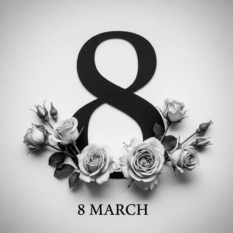 Stark Contrast: Rose Flowers & Number 8 in Monochrome Palette