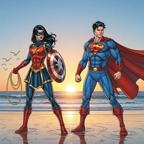 Female Superhero at Beach with Male Superhero in Comics Style
