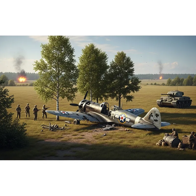 Destroyed Field with Soldiers, Tank, and Explosion Scene