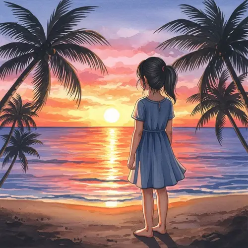 Watercolor Painting of Asian Girl at Sunset | Serene Beach Scene