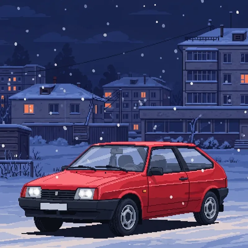 Cherry LADA 2109 in Russian Town Winter Midnight