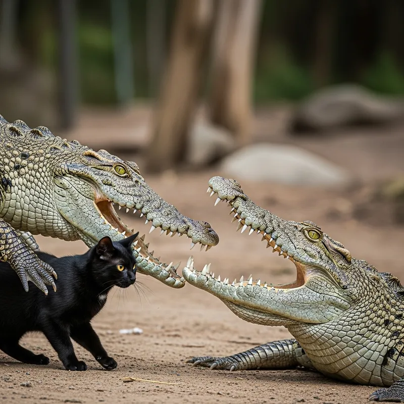 Brave Domestic Cat Shadow Faces Off Against Threatening Crocodile