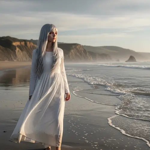 Silver-Haired Beach Girl in White Dress | Coastal Gaze