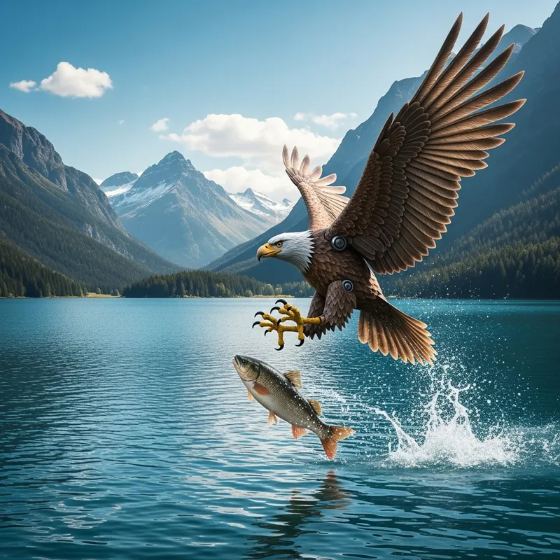 Breathtaking Robotic Eagle Catching Fish - Mystic Lake Scene Breathtaking Robotic Eagle Catching Fish - Mystic Lake Scene