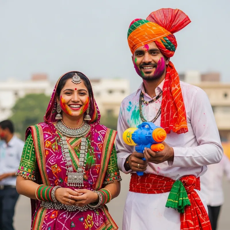 Rajasthani Couple Playing Holi | Joyful Celebration in Vibrant Colors