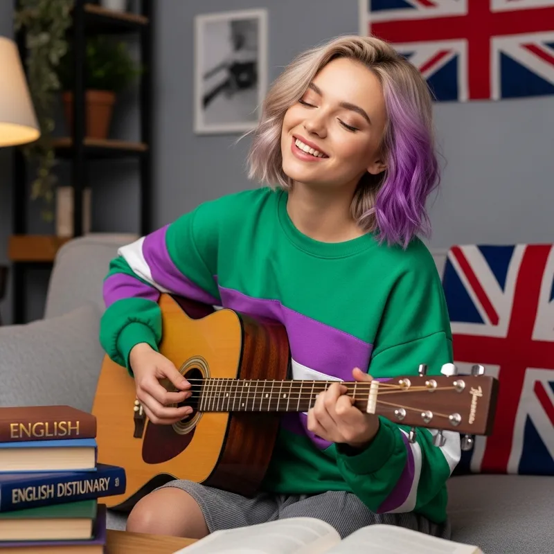 Caucasian Girl Playing Guitar in Living Room