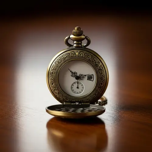 Antique Pocket Watch on Polished Wooden Table
