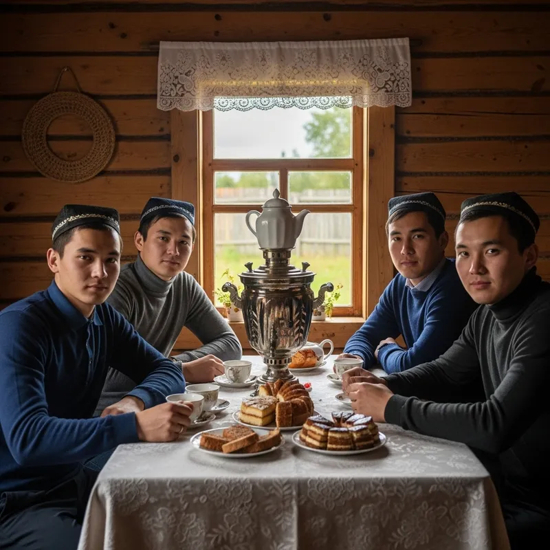Tatar Men Savoring Tea and Cakes by Samovar in Village House