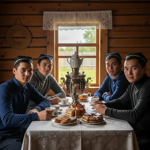 Tatar Men Enjoying Tea and Cakes in Rustic Village House
