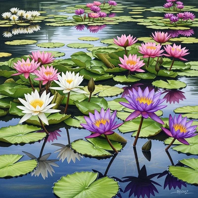 Watercolor Lilies: Serene Pond Blooms