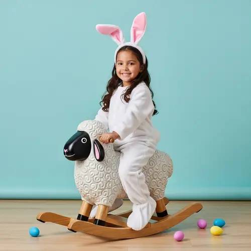 Young Hispanic Girl Easter Bunny Riding Rocking Sheep