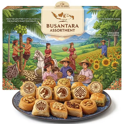 Nusantara-Inspired Baklava Assortment: Cultural Delight Package Design