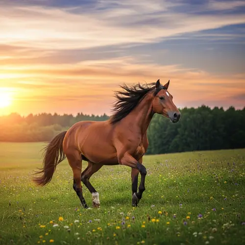 Majestic Horse Galloping in Lush Meadow | Sunset Serenity