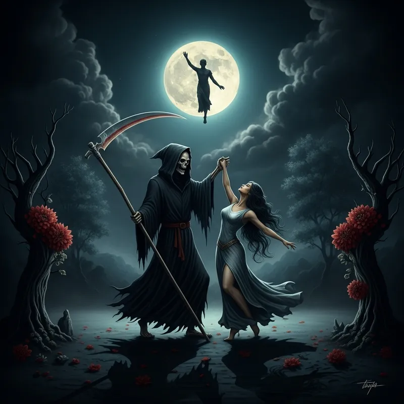 Grim Reaper's Haunting Dance in Celestial Moonlight | Surreal Whimsigoth Art Grim Reaper's Haunting Dance in Celestial Moonlight | Surreal Whimsigoth Art