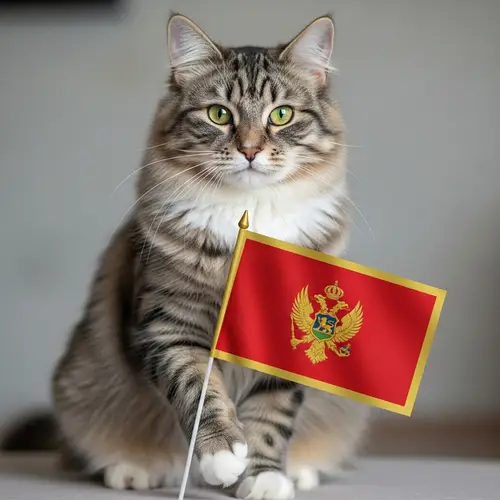 Fluffy Siberian Cat Holding Montenegro Flag
