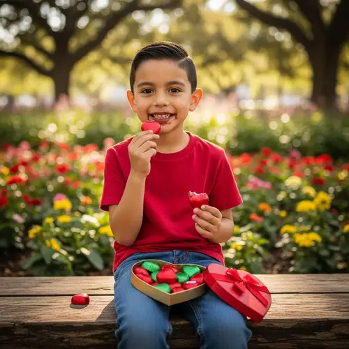 Young Hispanic Boy Enjoying Heart-Shaped Chocolates in Green Park