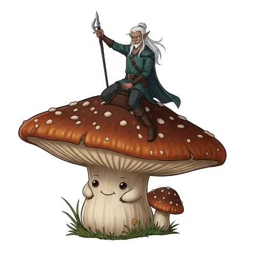 Fantastical Middle-Aged Elf Riding Alive Brown Mushroom Illustration