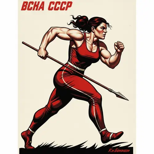 Athletic Caucasian Girl Running with Spear | Bold USSR Poster Style Art