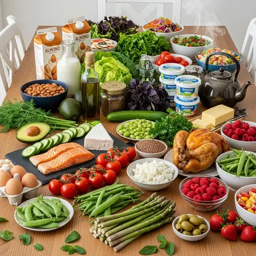 Fresh Food Spread on Large Wooden Dining Table - Healthy Dishes