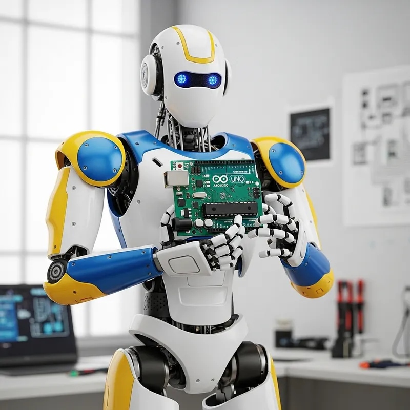 Full-Body Robot with Arduino Board and Color Scheme in White, Yellow, and Blue