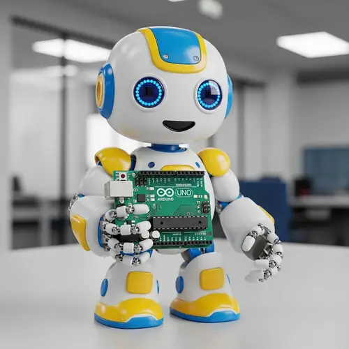 Child-like Robot Holding Arduino Board in White, Yellow, and Blue