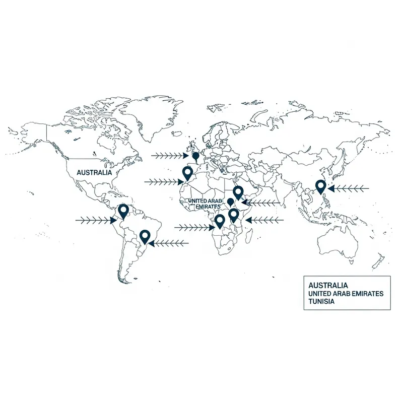 Visual World Map of Office Locations: Australia, France, UAE, Tunisia