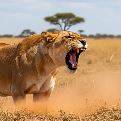 Impressive Female Lion Roaring in Dry Savannah