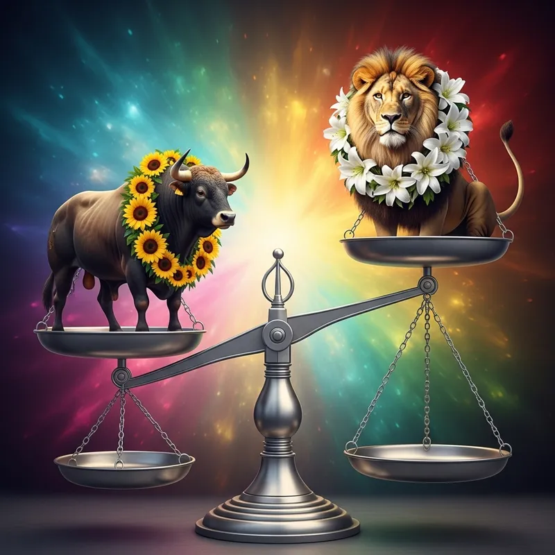 Vibrant Balancing Scales with Bull & Lion