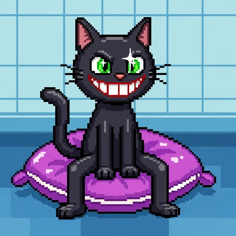 8-Bit Black Cat Art: Playful and Inviting Pillow Scene