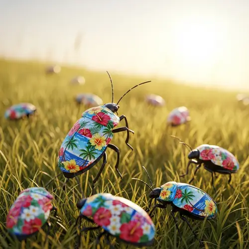 Exotic Bugs in Hawaiian Shirts on a Sunny Meadow