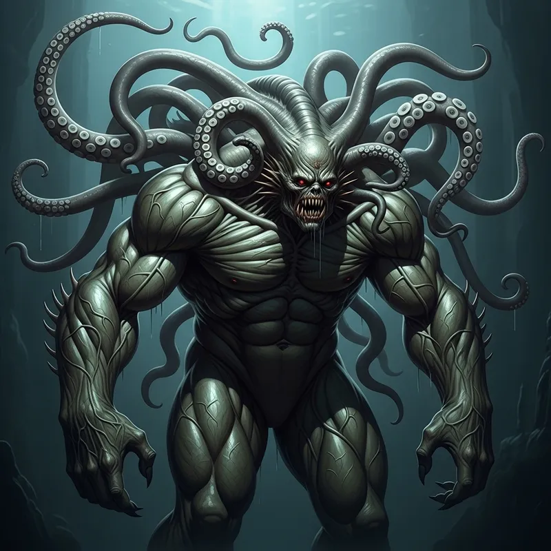 Muscular Humanoid Creature with Gray Tentacles - Dreadful Sea Monster Design Muscular Humanoid Creature with Gray Tentacles - Dreadful Sea Monster Design