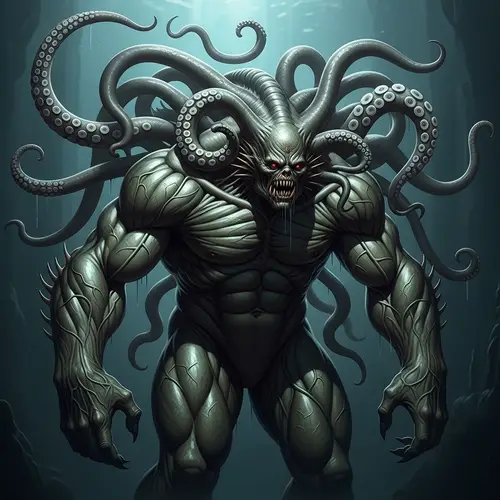 Muscular Humanoid Monster with Gray Tentacles - Sea Creature Design