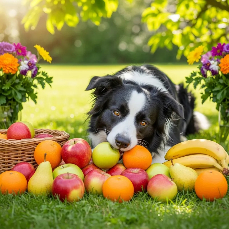 Energetic Border Collie Enjoying Fruity Feast in a Sunny Garden