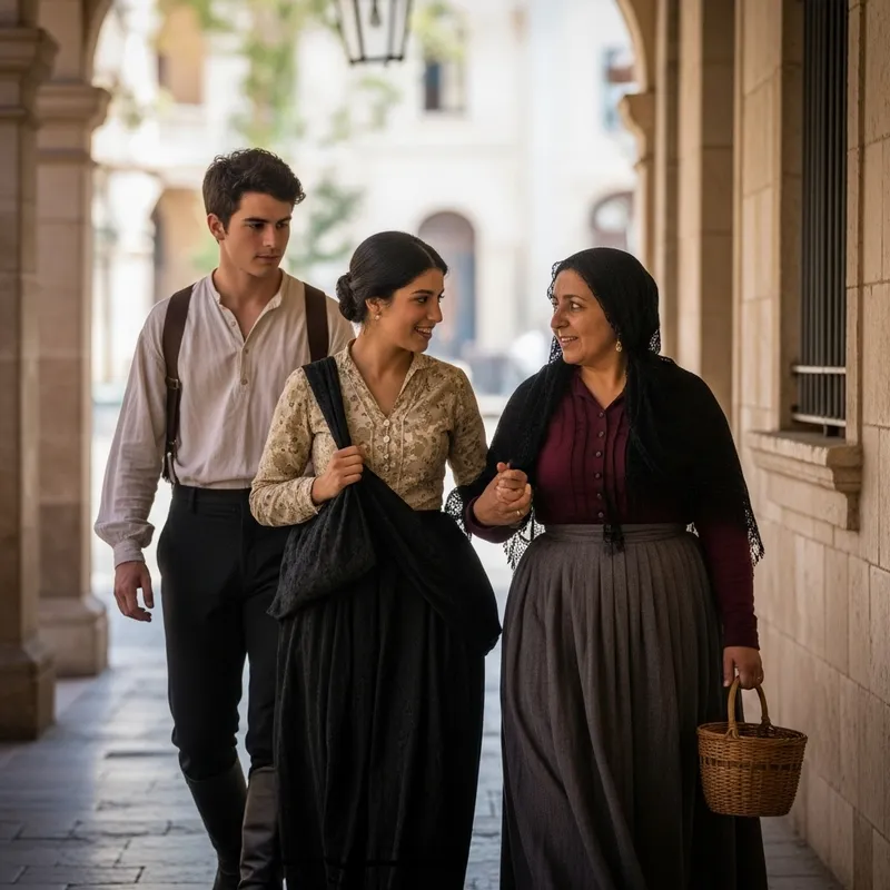19th Century Young Man Observes Girlfriend and Mother Walking
