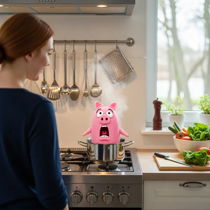 Humorous Vegetable Cooking Scene: Red-Haired Woman Prepares Dish