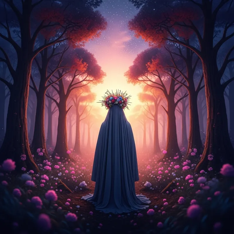 Enchanting Forest Scene at Dusk: Mysterious Figure & Blooming Flowers