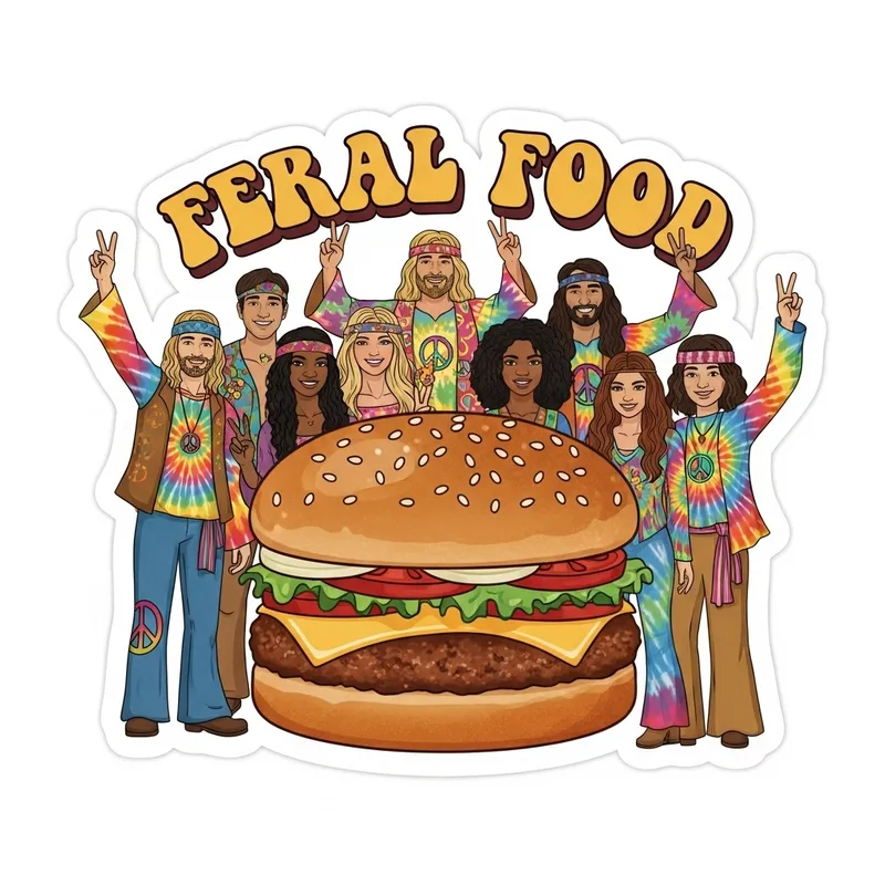Feral Food Sticker: Psychedelic Hamburger with Diverse Hippie People