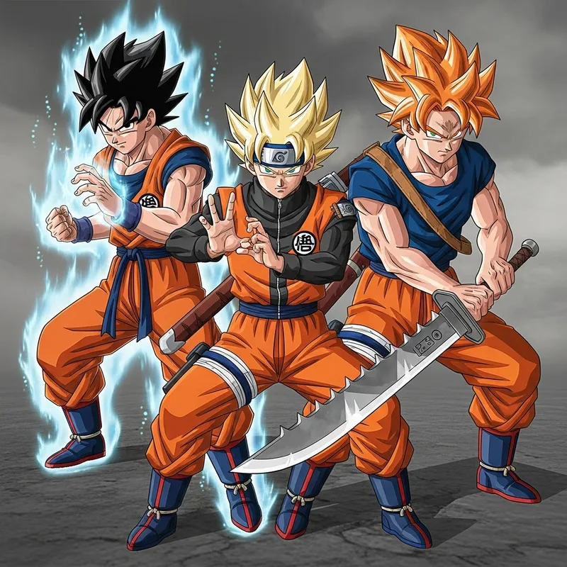 Goku, Naruto, Ichigo: Powerful Anime Trio in Heroic Poses