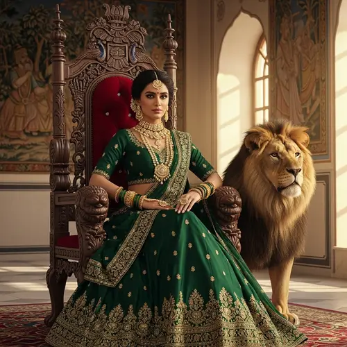 Regal South Asian Woman with Majestic Lion on Throne