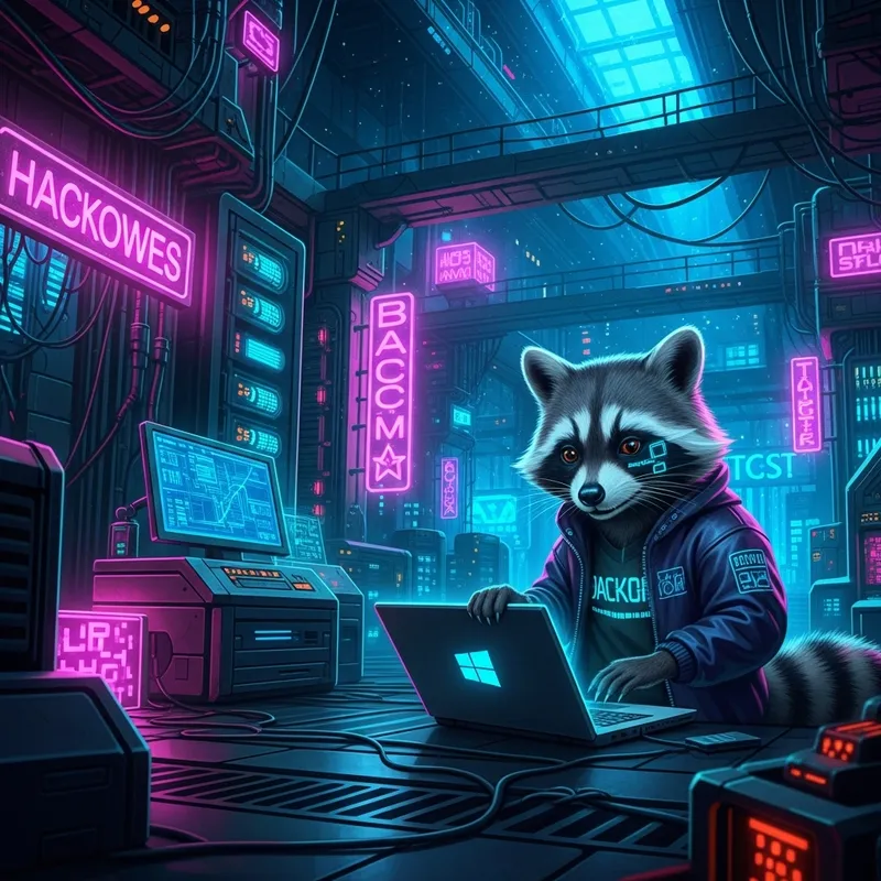 Neon Cyberpunk Data Center with Mischievous Raccoon Neon Cyberpunk Data Center with Mischievous Raccoon