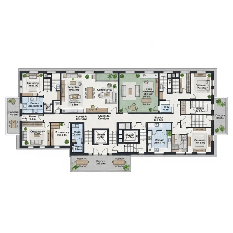 Modern Administrative Office Building Floor Plan: Cafe, Pantry, Consultancy Rooms