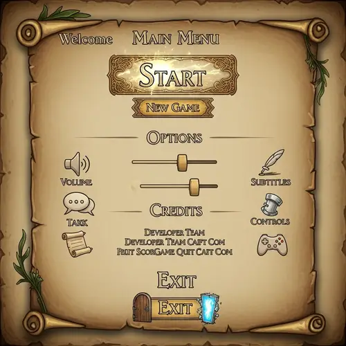 Medieval Game Menu: Start, Options, Credits, Exit - Potion Craft Style