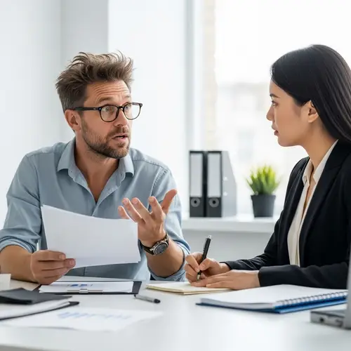 Office Collaboration: Frazzled Man Helping Woman with Task