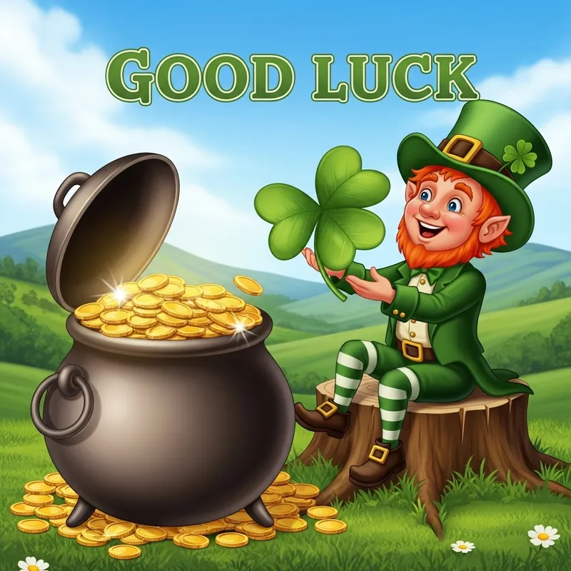 Pot of Gold, Leprechaun & Four Leaf Clover - A Scene of Good Luck
