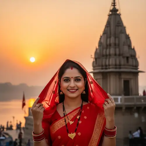 Hindu Woman in Red Saree by Riverside Temple