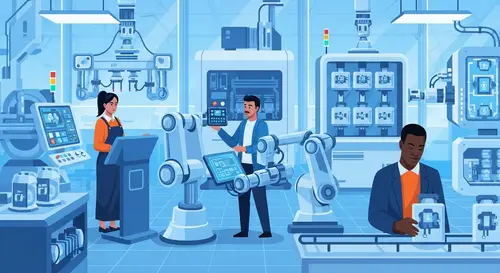 Futuristic Workspace with Humans and Robots | Technology Scene