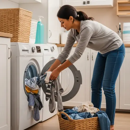 Realistic Laundry Room Scene: Middle Eastern Woman Doing Laundry