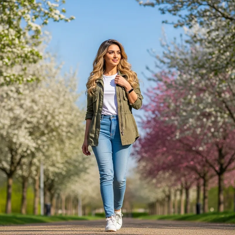 Tranquil Spring Park Stroll with Blonde Woman Tranquil Spring Park Stroll with Blonde Woman