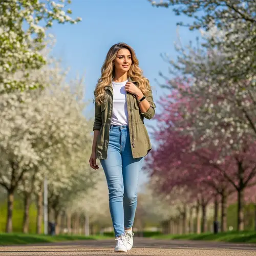 Spring Park Stroll: Blonde Woman's Active Lifestyle