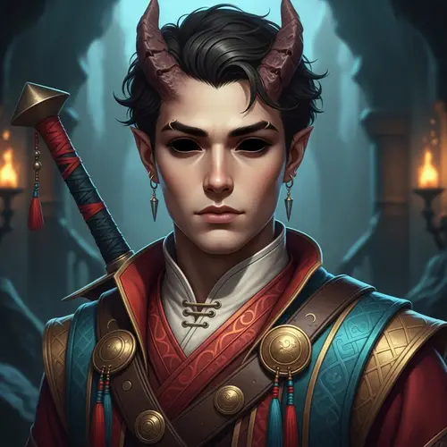 Fantasy Tiefling Man | Stylized Cultural Attire & Black Eyes